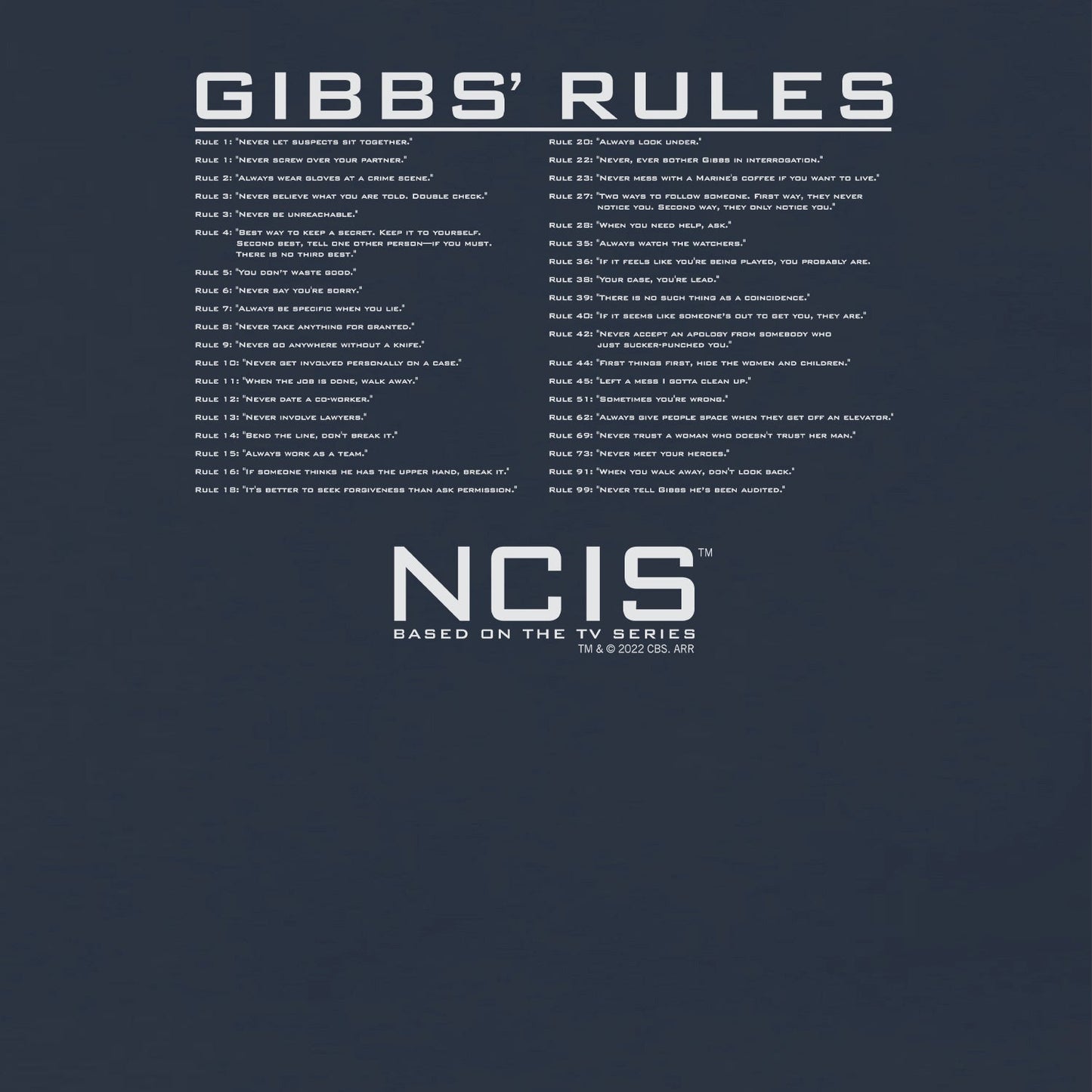 NCIS Gibbs Rules Adult Short Sleeve T - Shirt - Paramount Shop