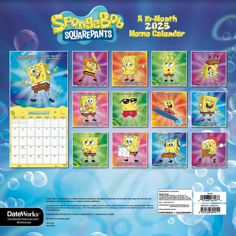 Spongebob Squarepants 2025 16 - Month Wall Calendar - Paramount Shop