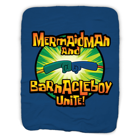SpongeBob SquarePants Mermaidman and Barnacleboy Unite Logo Sherpa Blanket - Paramount Shop