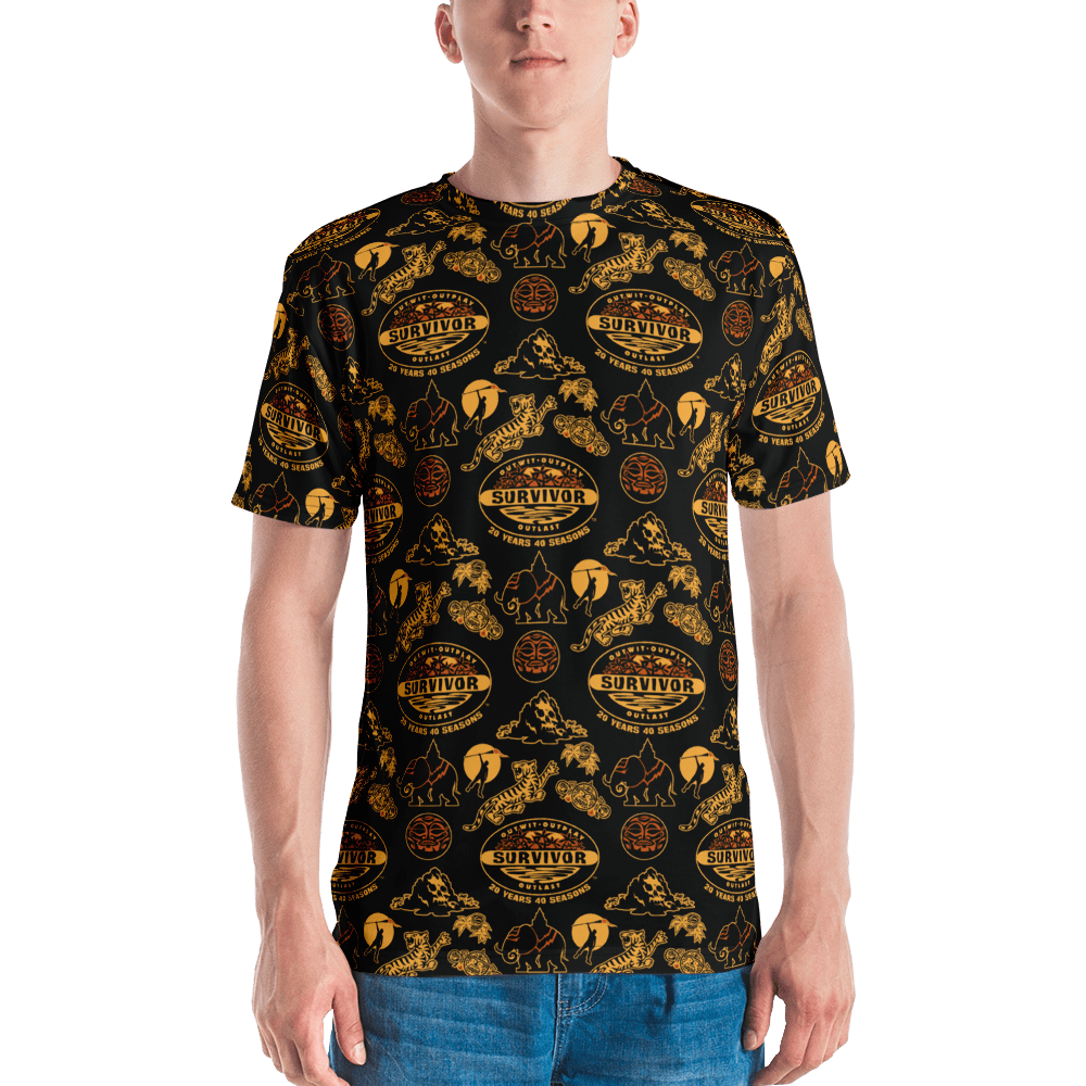 Survivor 20 Years 40 Seasons All Over Black and Yellow Tribal Pattern Adult All - Over Print T - Shirt - Paramount Shop