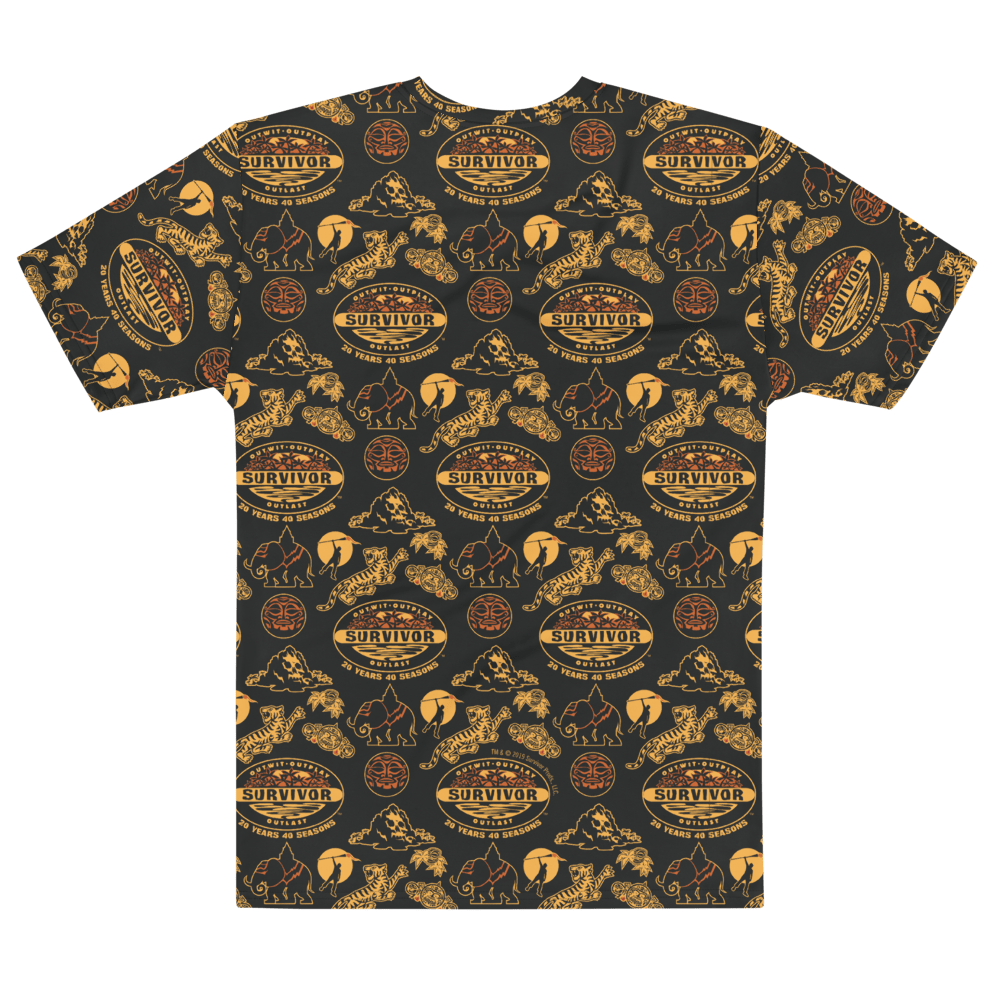 Survivor 20 Years 40 Seasons All Over Black and Yellow Tribal Pattern Adult All - Over Print T - Shirt - Paramount Shop