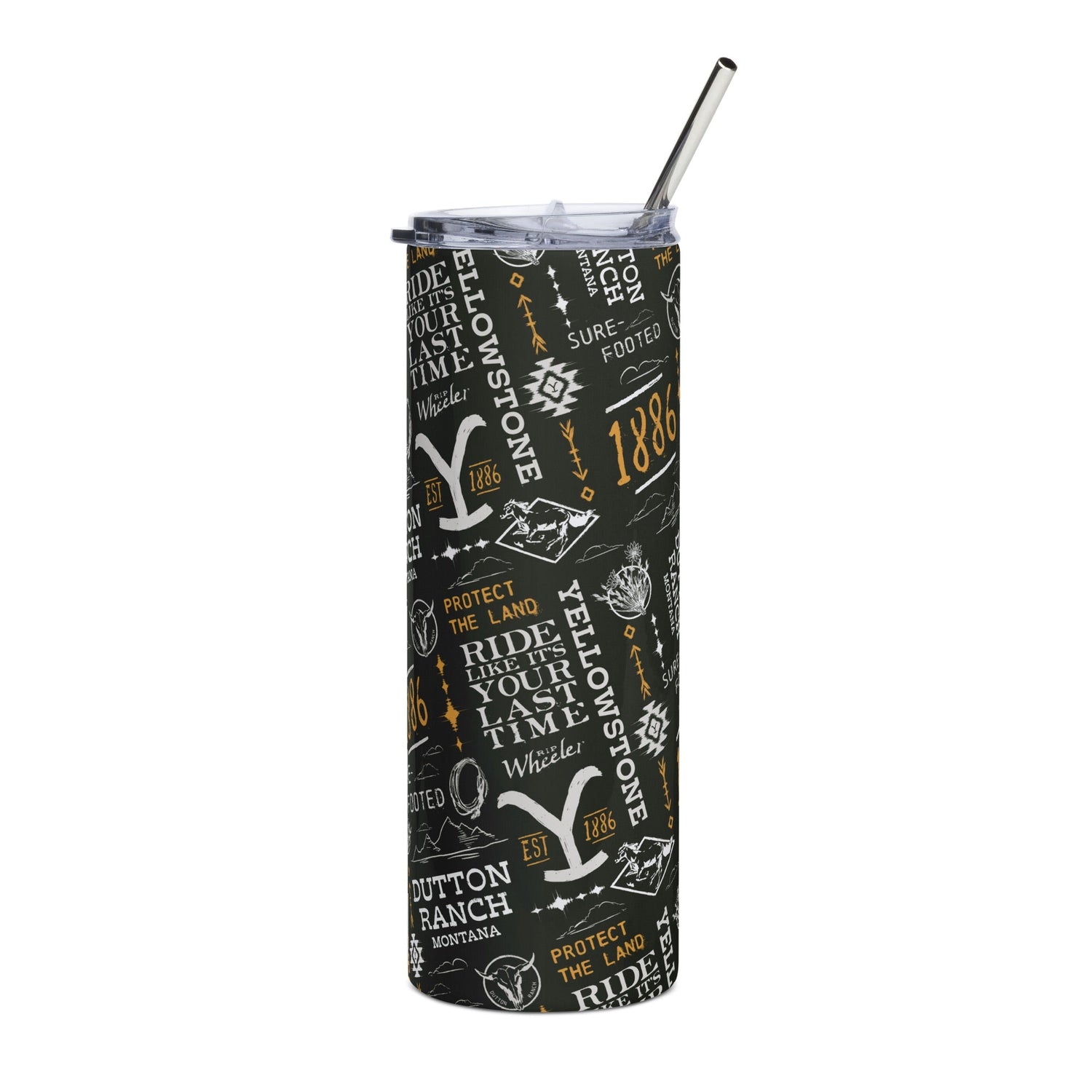 Yellowstone Logo Pattern Stainless Steel Tumbler with Straw - Paramount Shop
