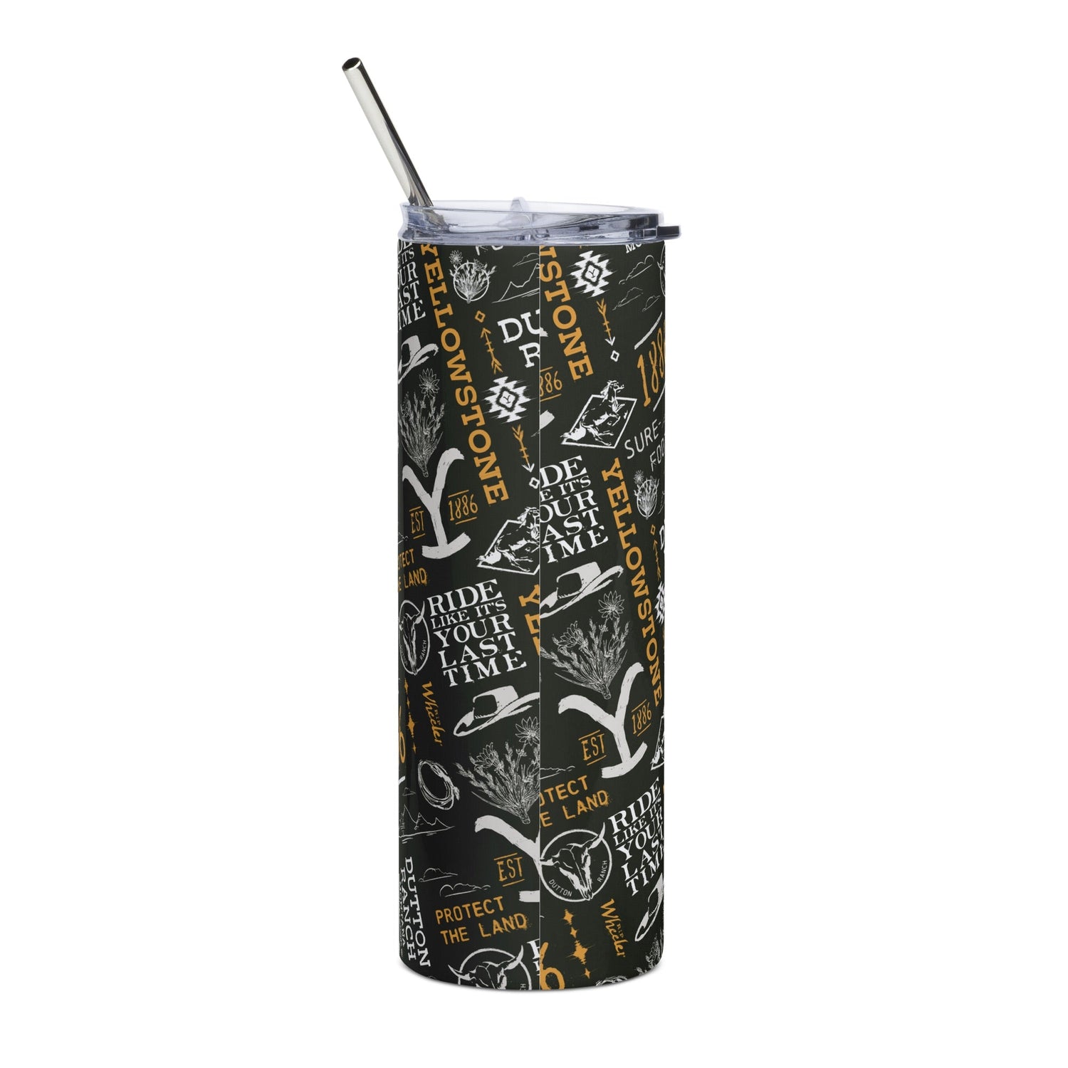 Yellowstone Logo Pattern Stainless Steel Tumbler with Straw - Paramount Shop