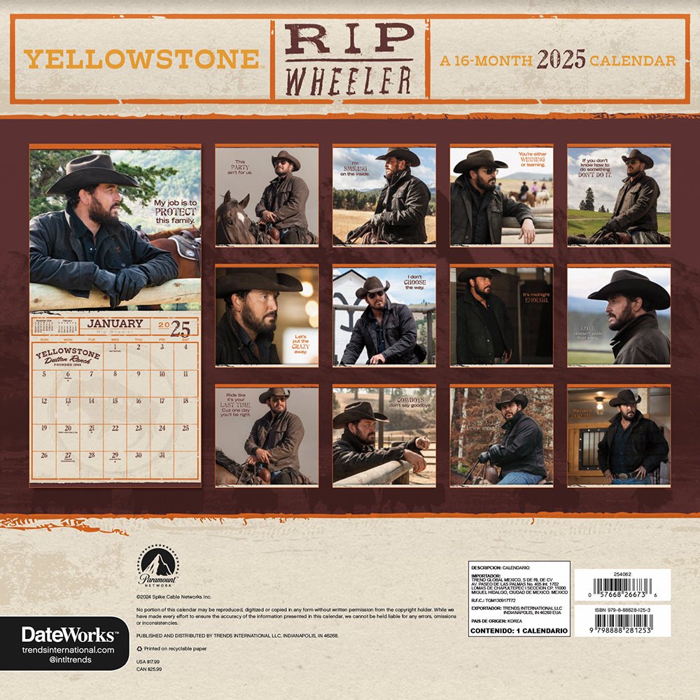 Yellowstone Rip Wheeler 2025 16 - Month Wall Calendar - Paramount Shop