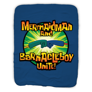 SpongeBob SquarePants Mermaidman and Barnacleboy Unite Logo Sherpa Blanket